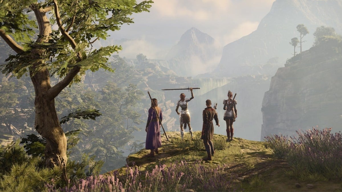 Baldur's Gate 3 screenshot of four characters celebrating on a cliff