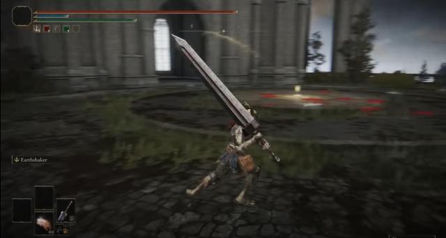 Screenshot of a character using a greatsword in Elden Ring