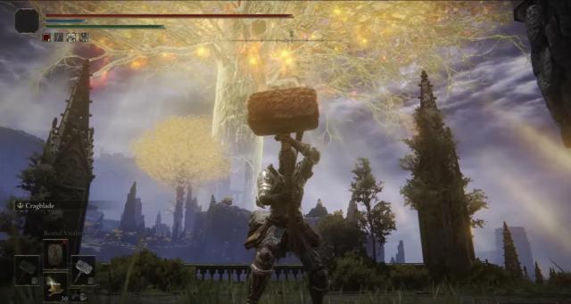 Screenshot of a character wielding a Brick Hammer in Elden Ring