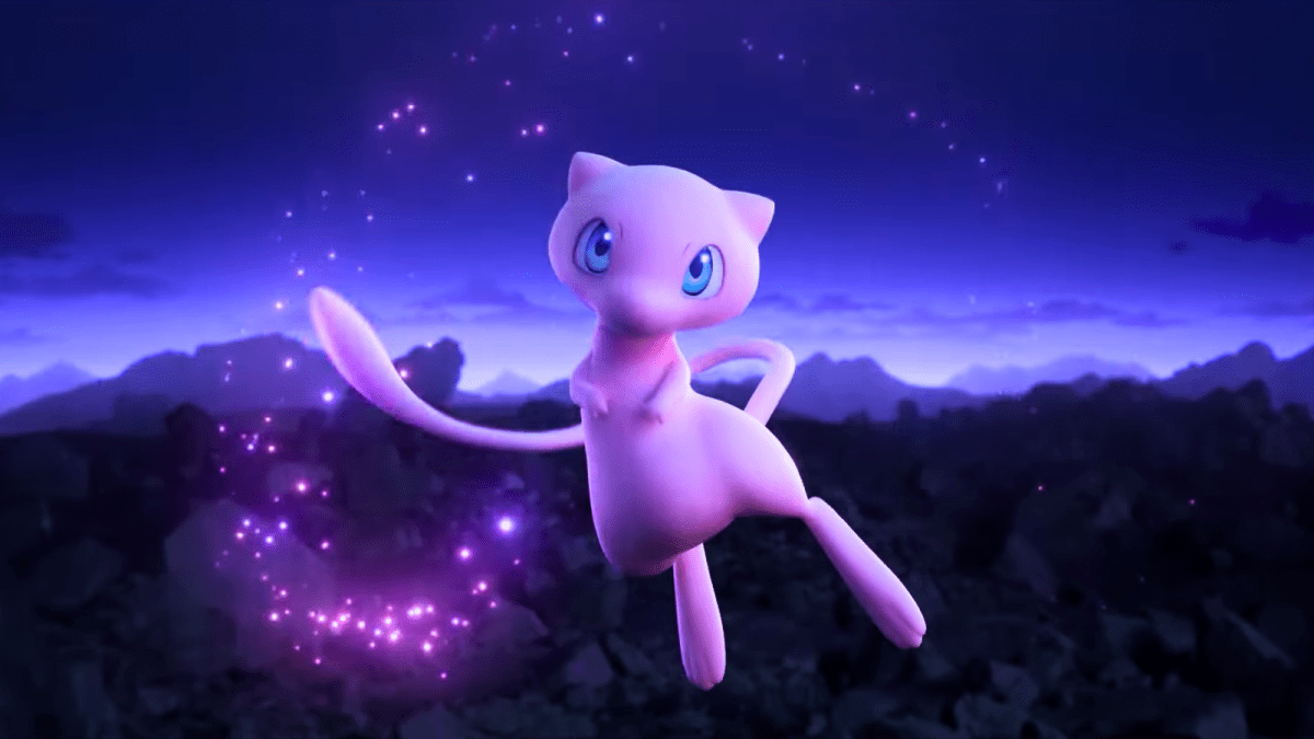 Mew floating in the night sky in an ad for Pokémon Scarlet and Violet.