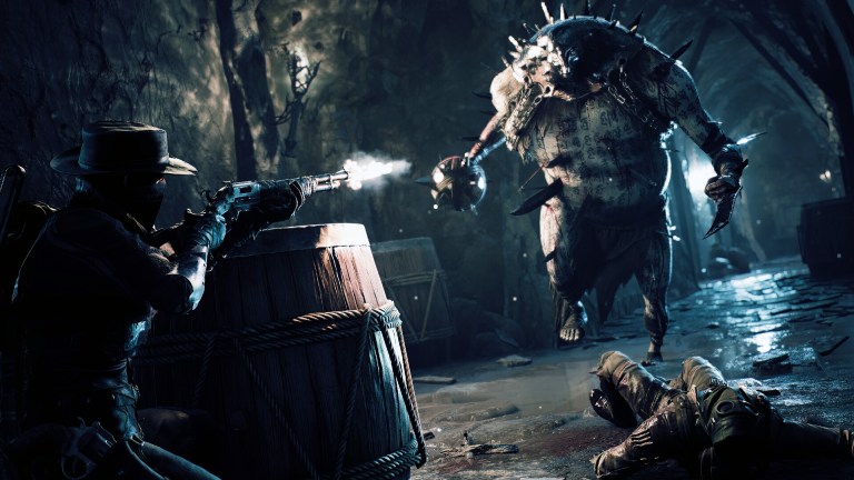 A player shooting a strong enemy in Remnant 2.