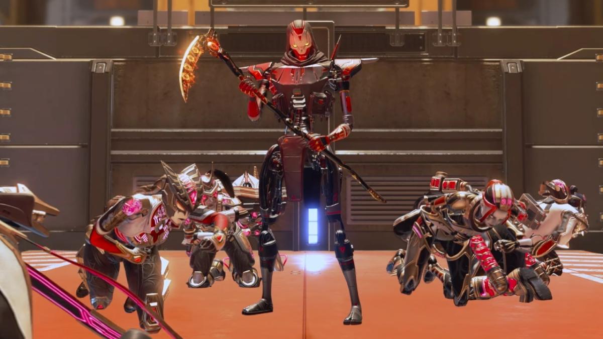 Revenant holds his Heirloom weapon over a squad of downed enemies.