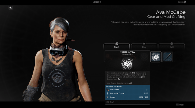 Ava McCabe from Ward 13, with the Rotted Arrow Weapon Mod open and available for crafting.