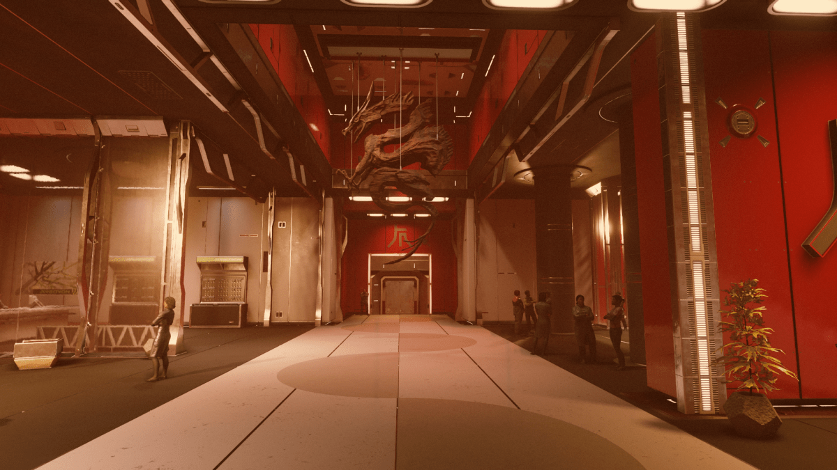 Image of a red lobby for the corporate giant Ryujin Industries. Inside, a giant dragon sculptor hangs suspended.