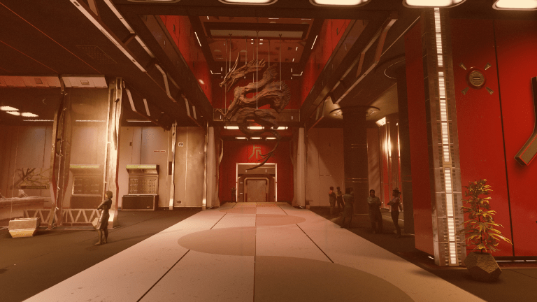 Image of a red lobby for the corporate giant Ryujin Industries. Inside, a giant dragon sculptor hangs suspended.