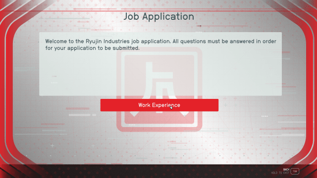 A screenshot of the Ryujin Industries job application, reading: "Welcome to the Ryujin Industries job application. All questions must be answered in order for your application to be submitted."