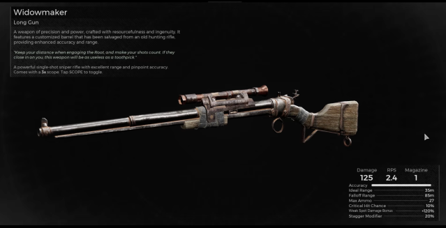 Image displays the information page for the Widowmaker from Remnant 2.