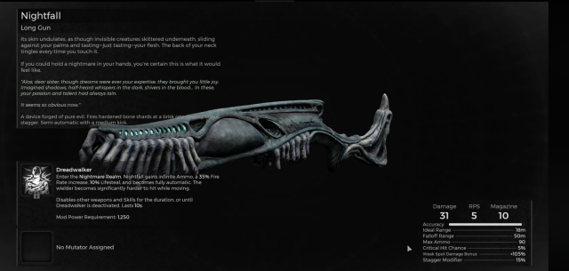 Image displays the information page for the Nightfall from Remnant 2