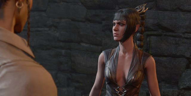 Shadowheart in Baldur's Gate 3 in conversation with a character.