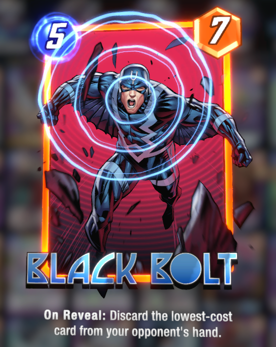 Black Bolt card, wearing his dark blue costume and shouting his vocal power