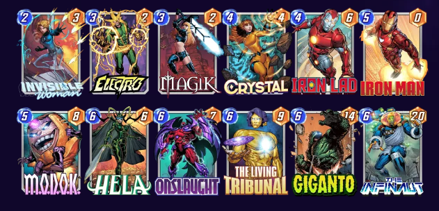Marvel Snap deck consisting of Invisible Woman, Electro, Magik, Crystal, Iron Lad, Iron Man, MODOK, Hela, Onslaught, The Living Tribunal, Giganto, and The Infinaut. 