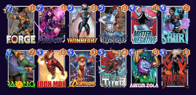 Marvel Snap deck consisting of Forge, Psylocke, Iron Heart, Mystique, Mister Negative, Shuri, Wong, Iron Man, Lady Deathstrike, Jane Foster, Arnim Zola, and Knull.
