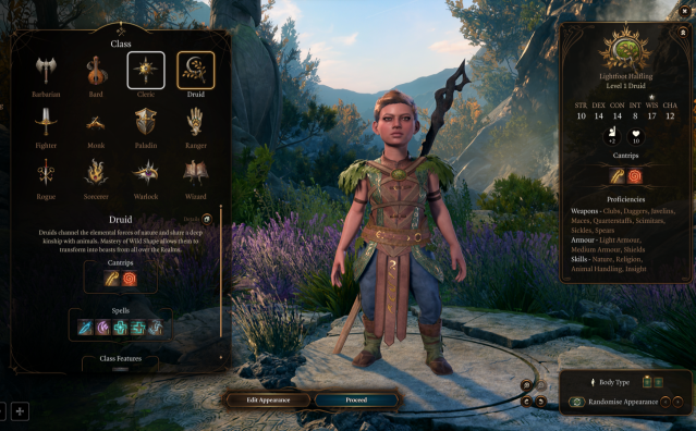 Displays a Halfling Druid in the Baldur's Gate 3 Character Creation menu.