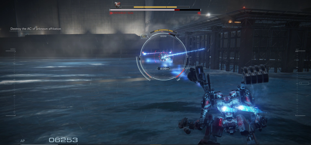 Displays a battle against an enemy AC in Armored Core 6.