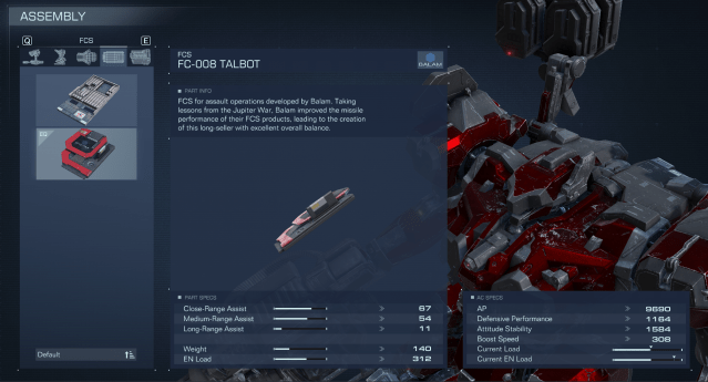 Displays the FCS Assembly Menu in Armored Core 6.