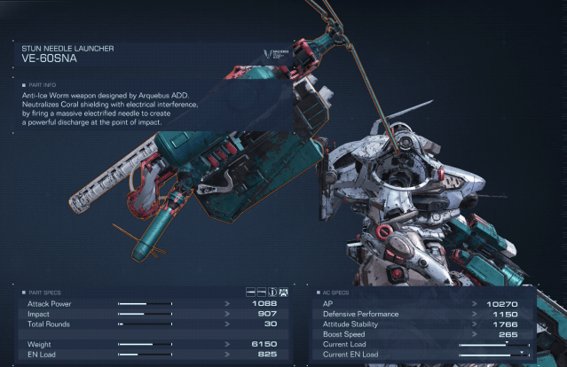 Displays the item stats for the Stun Needle Launcher in Armored Core 6.