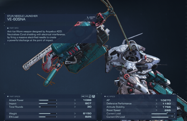 Displays the stats of the Stun Needle Launcher in Armored Core 6.