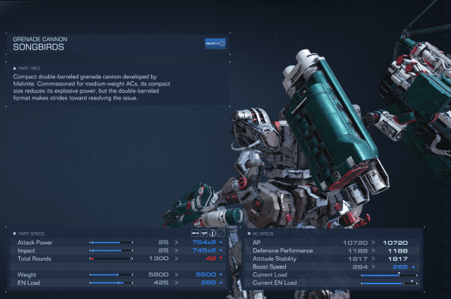 Displays the item stats for the Songbird Grenade Cannon in Armored Core 6.