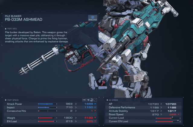 Displays the item stats for the Pile Bunk melee weapon in Armored Core 6.