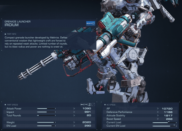 Displays the item stats for the Iridium Grenade Launcher in Armored Core 6.
