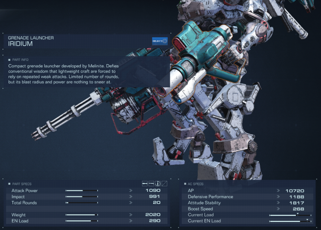 Displays the item stats for the Iridium Grenade Launcher in Armored Core 6.