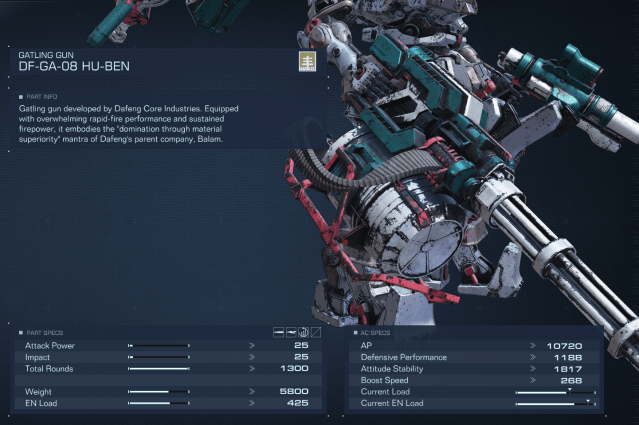 Displays the item stats for the Gatling gun in Armored Core 6.
