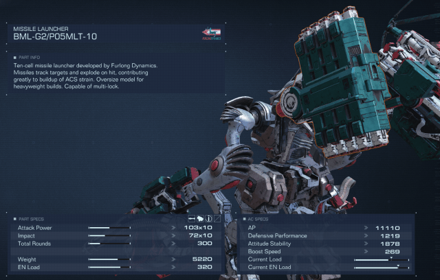 Displays stats for the 10 cell Missile Launcher in Armored Core 6.