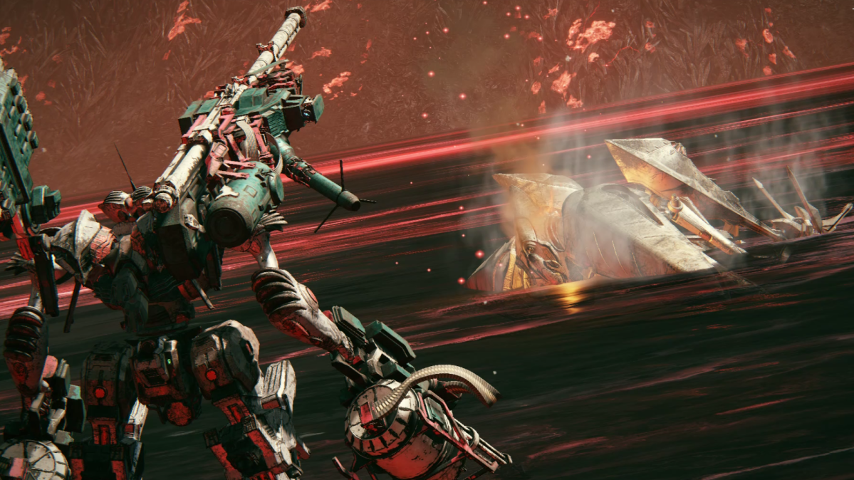 Displays a moment from the cutscene after defeating CEL 240 in Armored Core 6.
