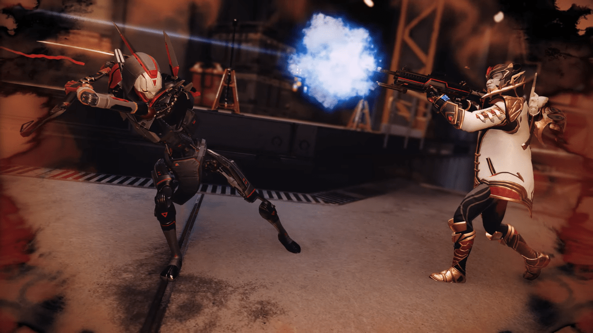 Revenant swings his scythe at Crypto, who fires back with an assault rifle, as the edges of the photo blur.