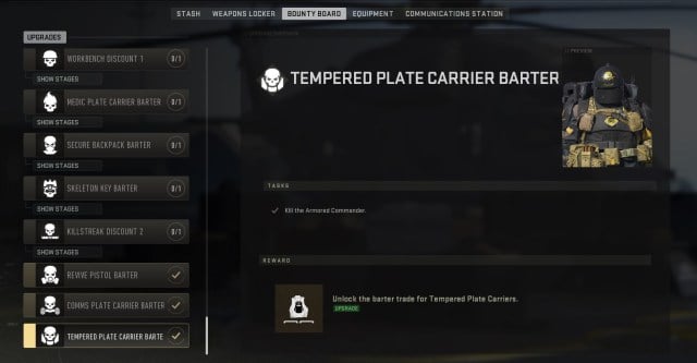 A screenshot of the bounty board menu in DMZ, with the Tempered Plate Carrier vest recipe unlock screen displayed.