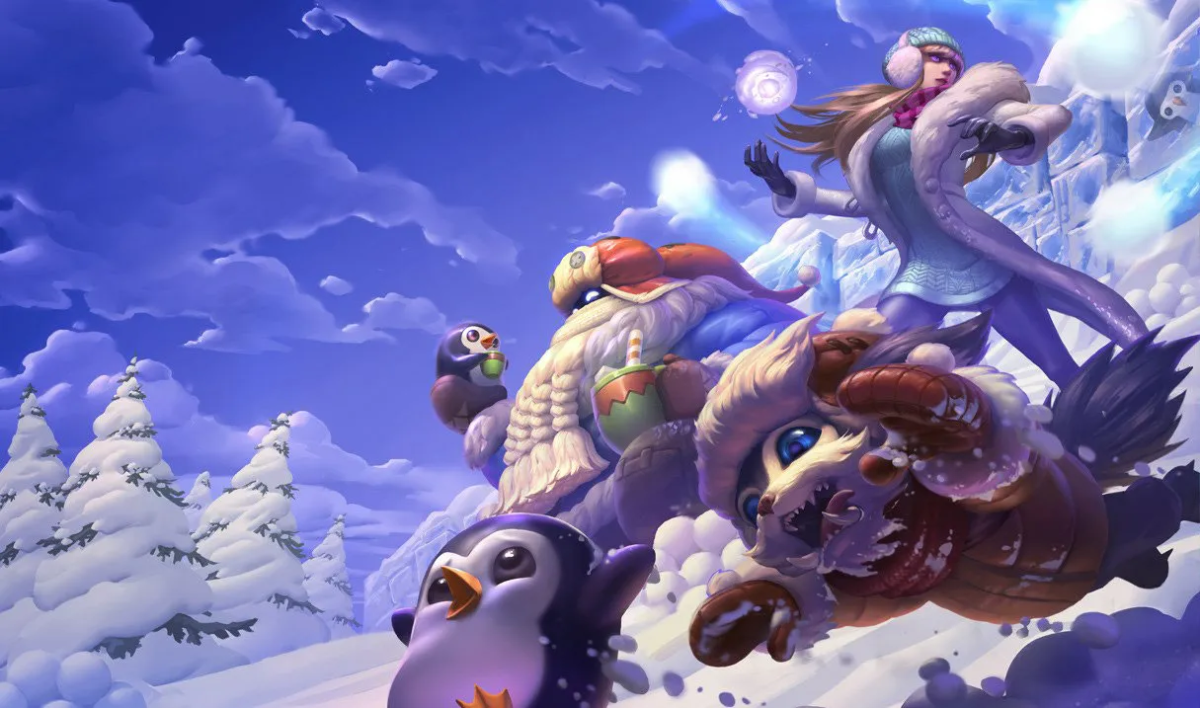 Bard with his meeps drinking hot cocoa while Syndra and Gnar are playing in the snow.