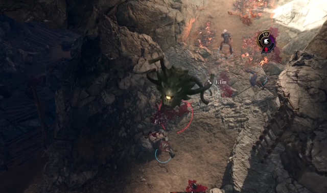 Image of a Spectator, surrounding by an adventuring party inside of a cavernous area.