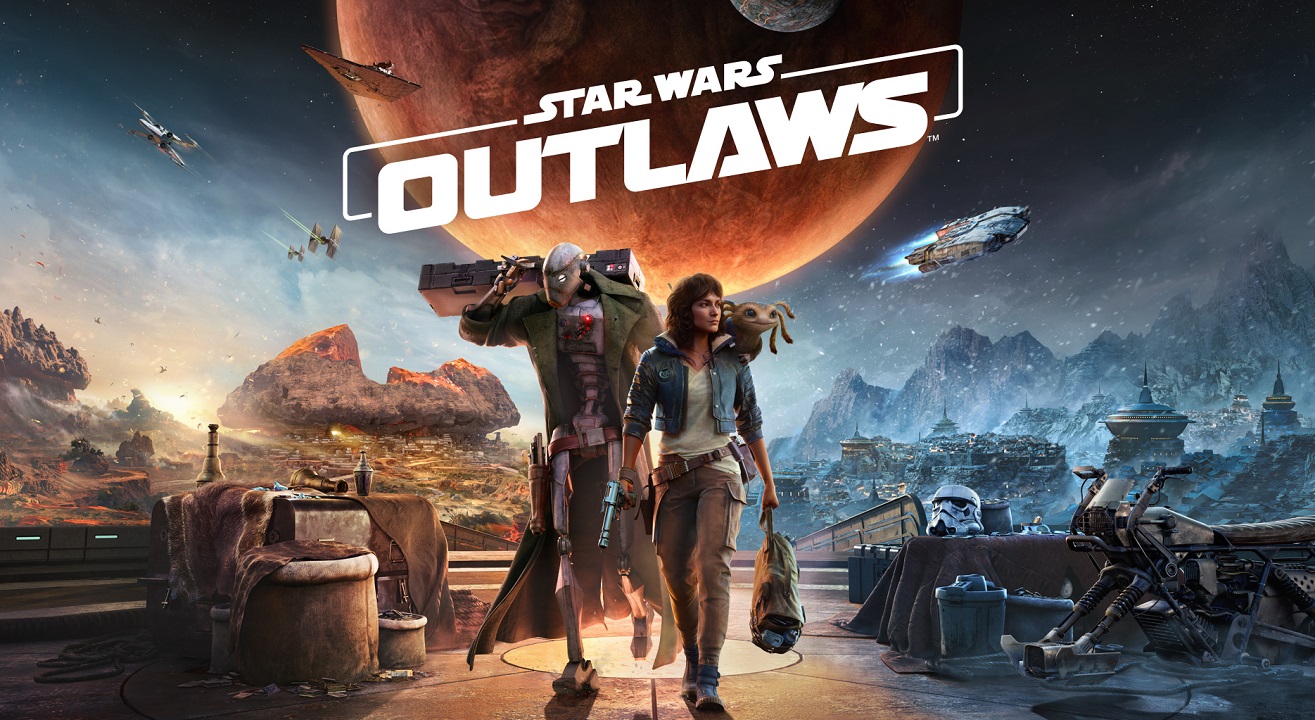 There are two characters walking towards the camera, with starships flying in the background behind them. The title of the game is displayed at the top, with various items and a speeder bike in the foreground at the bottom of the image. 