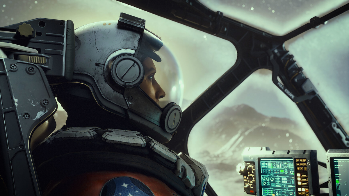 Starfield pilot geared up inside space craft on a distant planet.