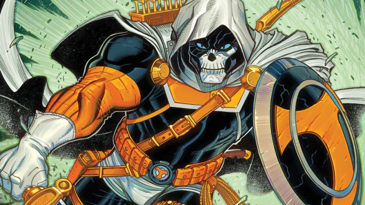 Taskmaster in the comics, posing with this sword and shield