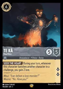 Image of fire God rising into sky through Te Kā, Heartless Disney Lorcana TCG