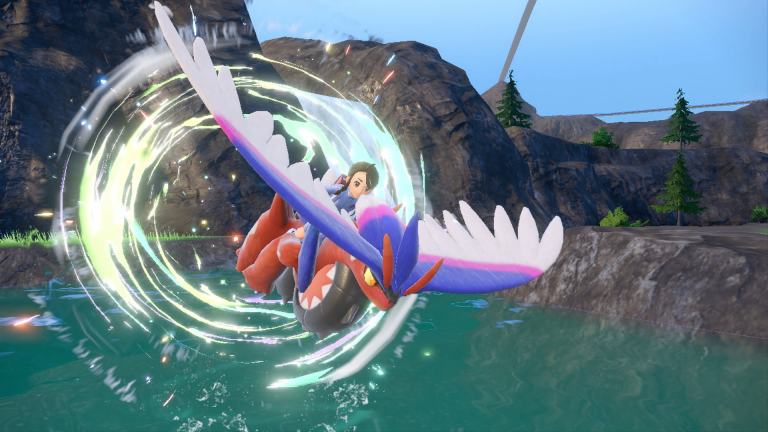 Koraidon gliding quickly through the air in Pokémon Scarlet and Violet.