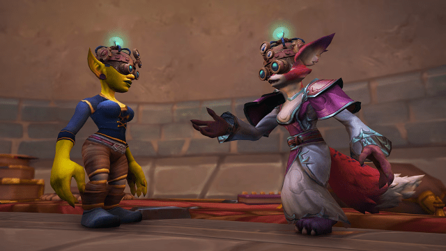 Two WoW characters wearing the Thinking Cap toy and talking