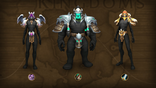 Three WoW characters wearing Warlock, Monk, and Warrior Trading Post armor sets