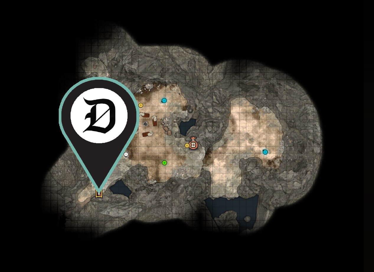 A screenshot of the Whispering Depths camp map from BG3 showing readers where they can find the Magic Mirror to change their appearance.