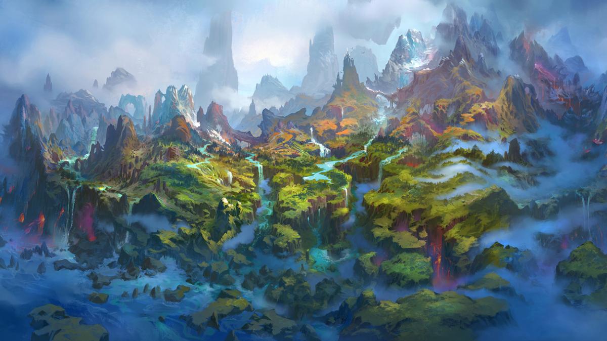 Concept art of the Dragon Isles from above showing the greenery and waters surrounding the isles
