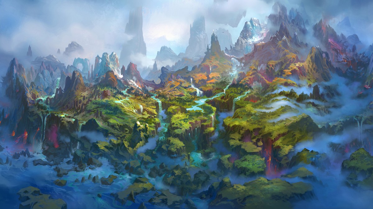 Concept art of the Dragon Isles from above showing the greenery and waters surrounding the isles