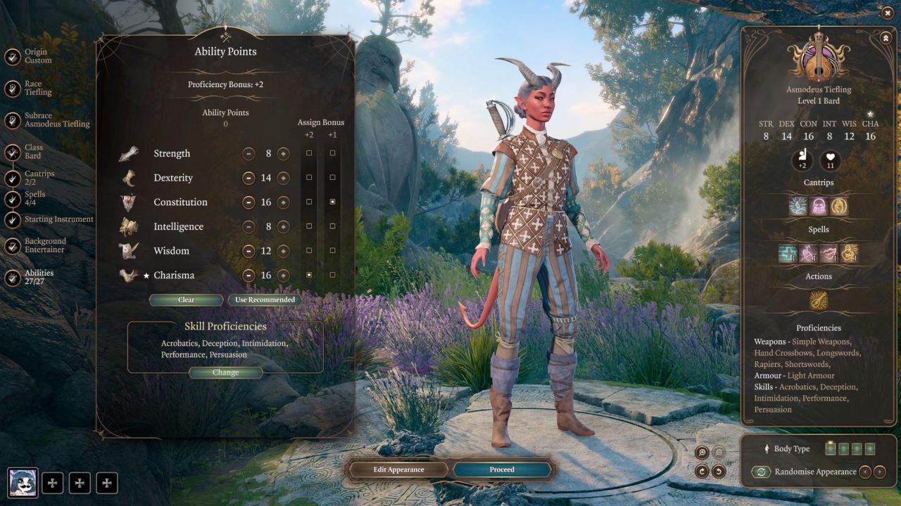 Character creation screen for Bards with ability scores in BG3.