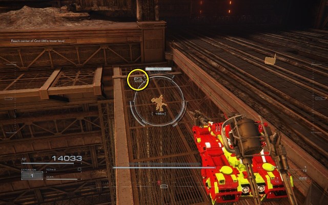 An Armored Core 6 screenshot with a yellow circle around the chip icon indicating a battle log enemy.