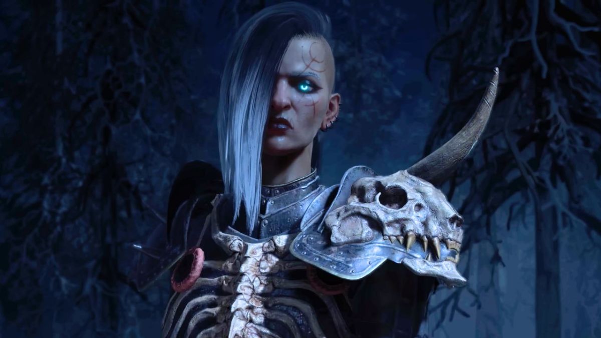 Woman with shaved head wearing skeletal armor in Diablo 4