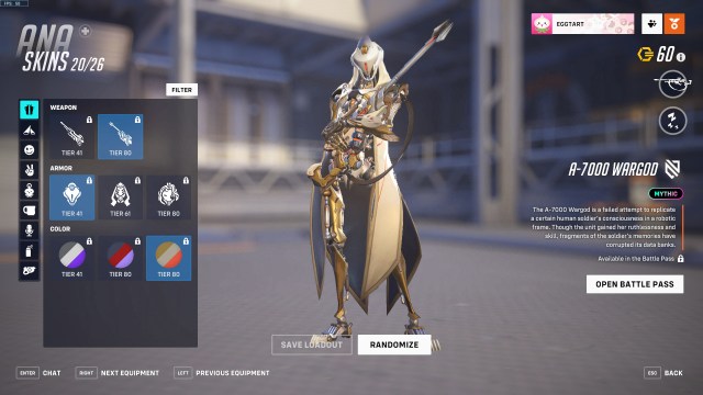 The third, golden colorway for Ana's Mythic skin, combined with the base armor option.