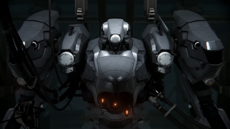 An armored core in a hangar