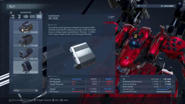 The VE-20C Generator's stats 