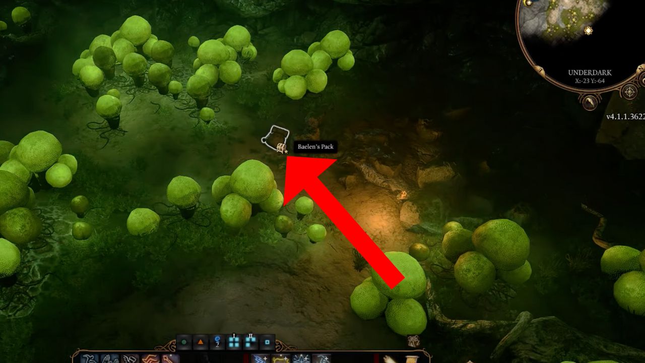 Red arrow pointing to the location of a bag in BG3