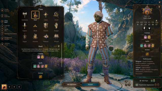 The Bard class standing in the Baldur's Gate 3 character creator.